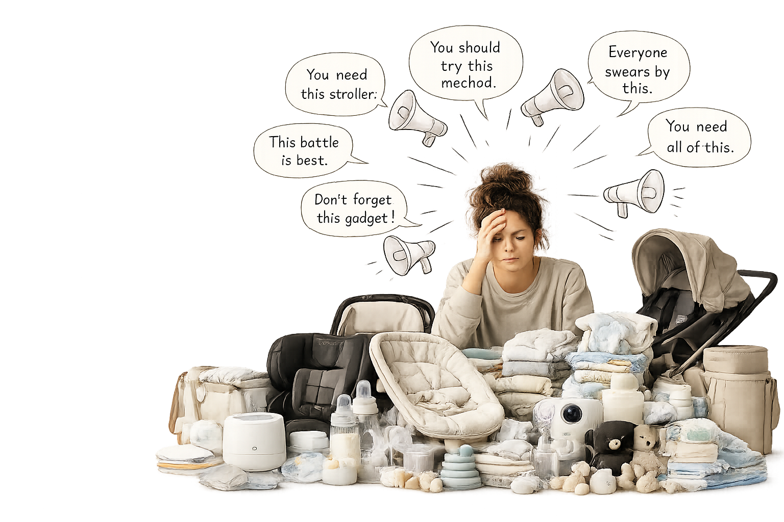 Overwhelmed parent surrounded by baby products and conflicting advice